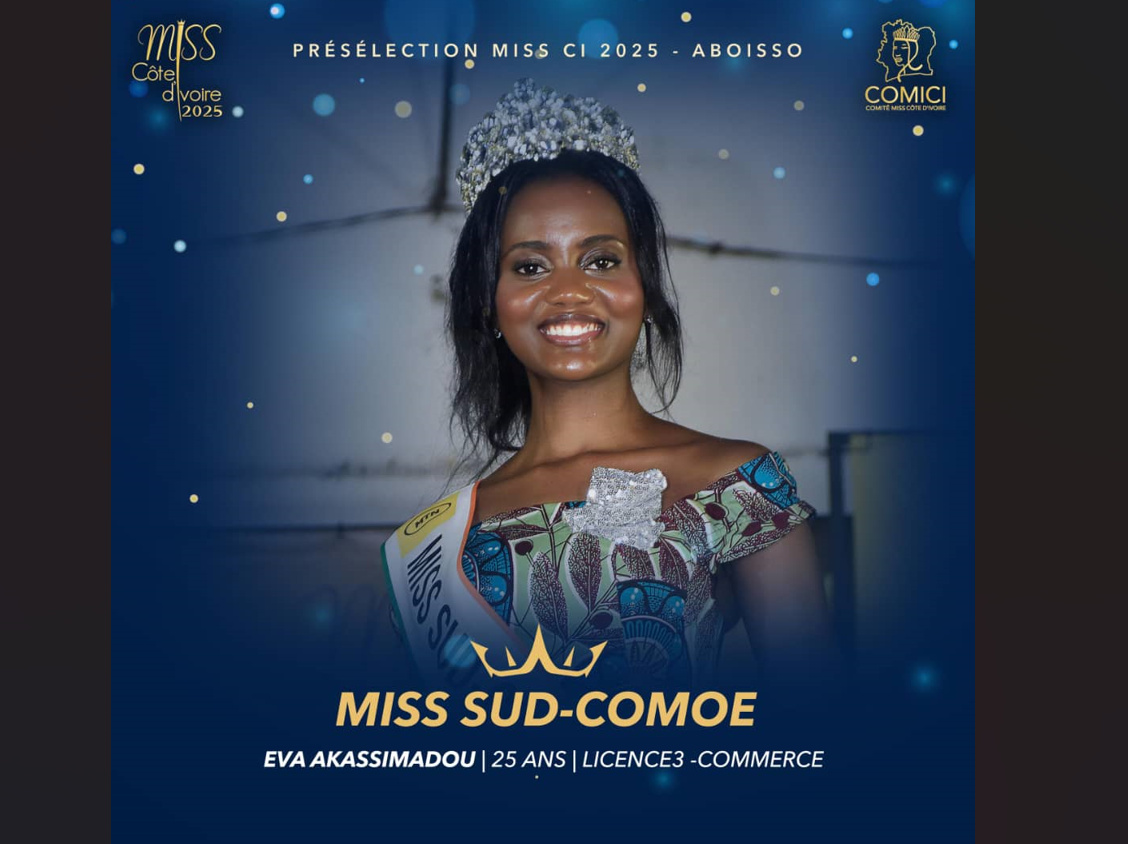 Miss Côte d’Ivoire 2025 : Eva Akassimadou en tête dans le Sud-Comoé